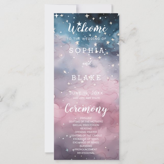 Pink and Blue Stars Celestial Wedding Program (Front)