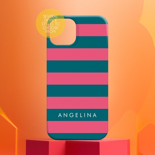 Pink and Blue Striped Pattern Custom Name iPhone 15 Case