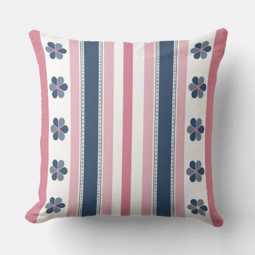 Pink and Blue Stripes Floral Throw Pillow