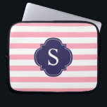 Pink and Blue Stripes Monogram Laptop Sleeve<br><div class="desc">Modern and chic horizontal stripes and quatrefoil monogram design.</div>