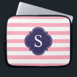 Pink and Blue Stripes Monogram Laptop Sleeve<br><div class="desc">Modern and chic horizontal stripes and quatrefoil monogram design.</div>