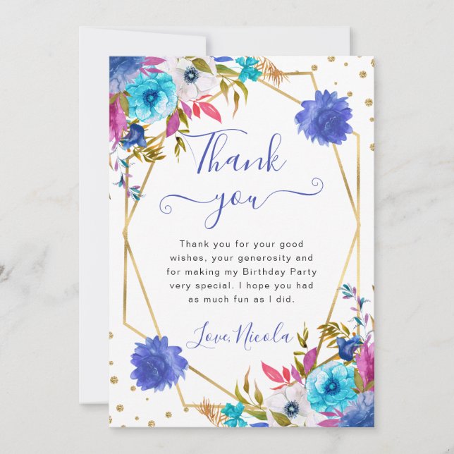 Pink and Blue Summer Flowers Frame Birthday Thank You Card (Front)