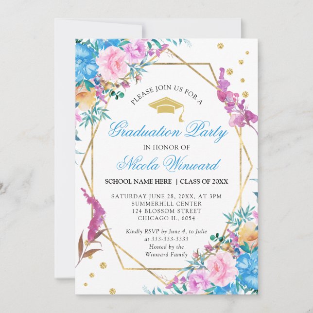 Pink and Blue Summer Flowers Graduation Invitation (Front)