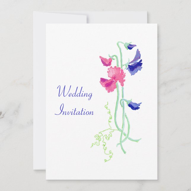 Pink and Blue Sweet Peas Wedding Invitation (Front)