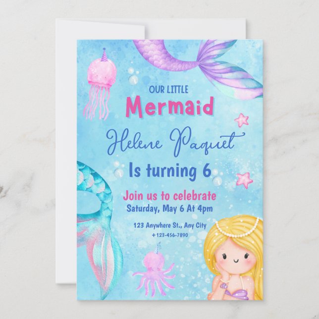 Pink and Blue Sweety Watercolor Mermaid Birthday Invitation (Front)
