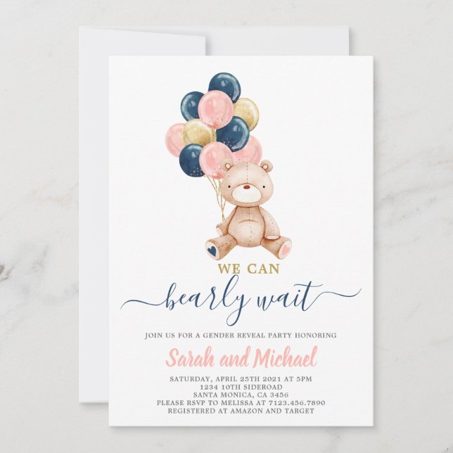 Pink and Blue Teddy Bear Baby Shower Gender Reveal Invitation (Front)