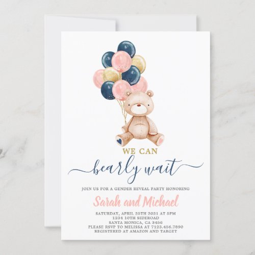 Pink and Blue Teddy Bear Baby Shower Gender Reveal Invitation