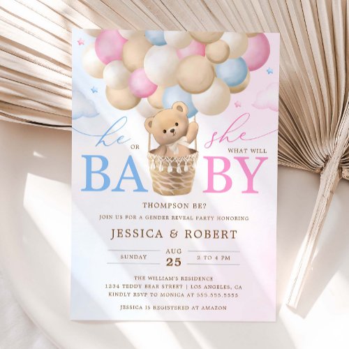 Pink and Blue Teddy Bear Gender Reveal Invitation