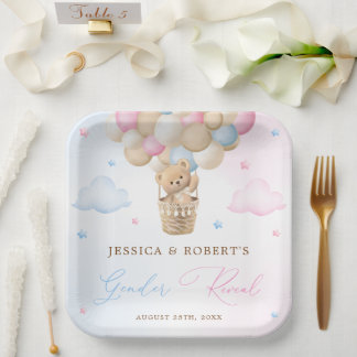 Pink and Blue Teddy Bear Gender Reveal Paper Plates