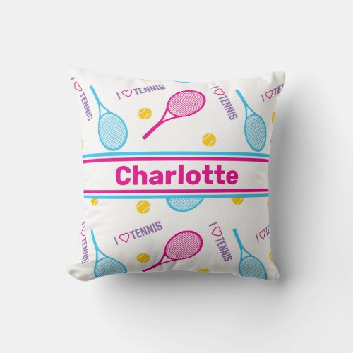 Pink and blue tennis rackets with custom name throw pillow