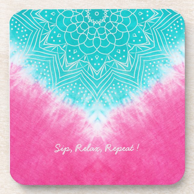 Pink and Blue Tie dye with Mandala Sway in Style Beverage Coaster (Front)