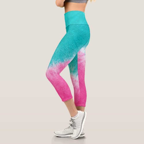 Pink and Blue Tie dye with Mandala Sway in Style Capri Leggings