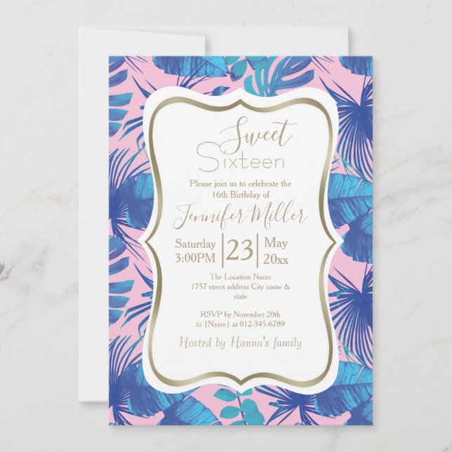 Pink and blue Tropical Foliage personalized        Invitation (Front)