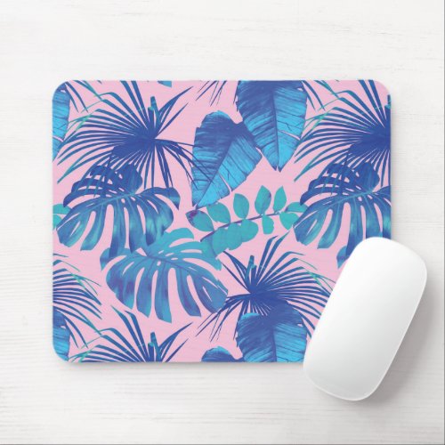 Pink and blue Tropical Foliage personalized Mouse Pad