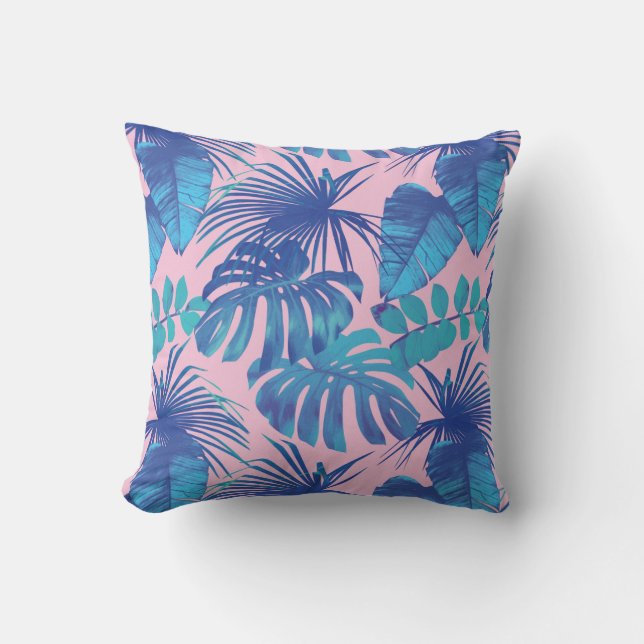 Pink and Blue Tropical Leaf Design  Throw Pillow (Front)