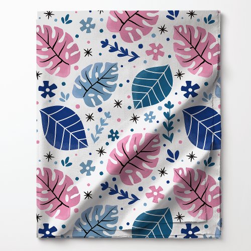 Pink And Blue Tropical Monstera Leaf Pattern Fabric