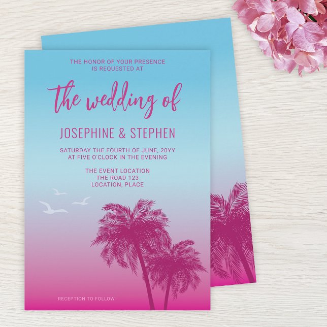 Pink And Blue Tropical Palm Trees Wedding Invitation (Creator Uploaded)