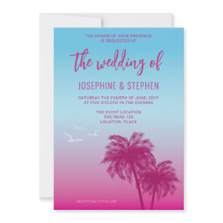 Pink And Blue Tropical Palm Trees Wedding Invitation
