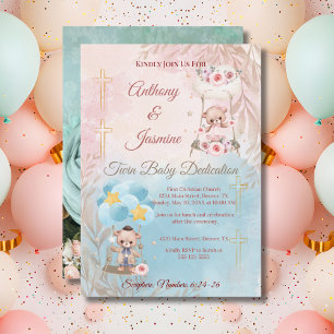 Pink and Blue Twin Teddy Bears on Swing with Photo Invitation