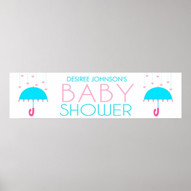 Pink and Blue Umbrella Baby Shower Banner Poster (Front)