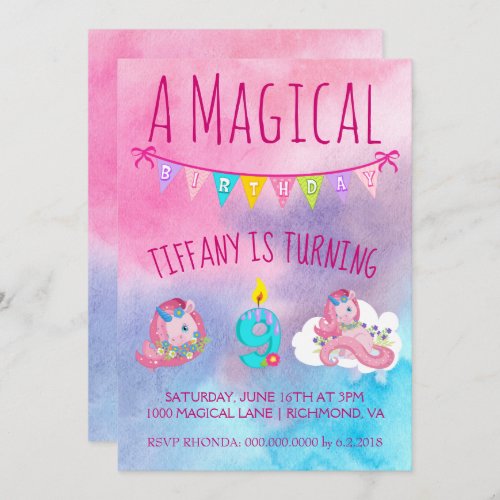 Pink and Blue Unicorn 9th birthday party Invitation