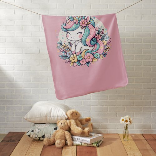 Pink and Blue Unicorn and Flowers  Baby Blanket