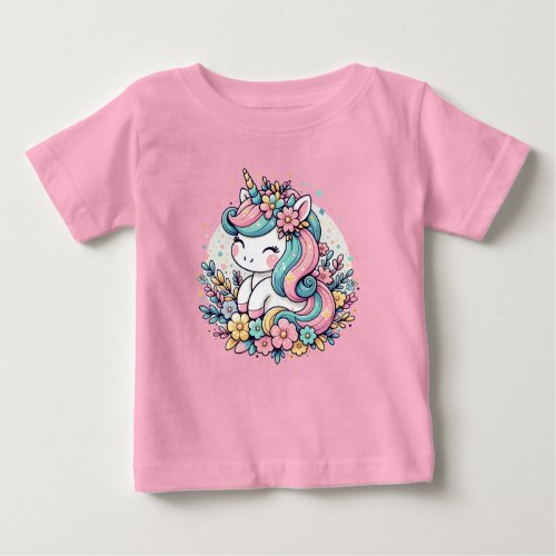 Pink and Blue Unicorn and Flowers  Baby T_Shirt