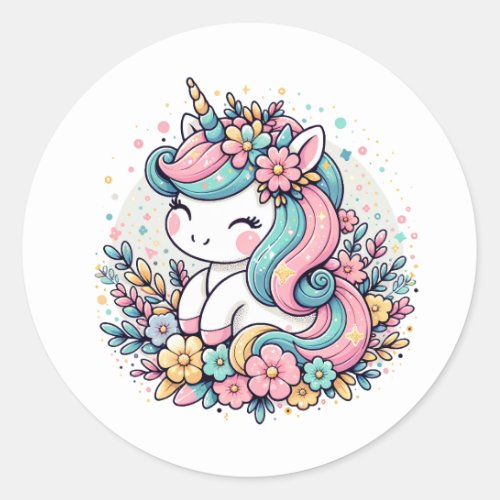 Pink and Blue Unicorn and Flowers   Classic Round Sticker