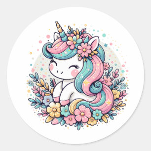 Pink and Blue Unicorn and Flowers Classic Round Sticker