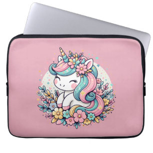 Pink and Blue Unicorn and Flowers Laptop Sleeve