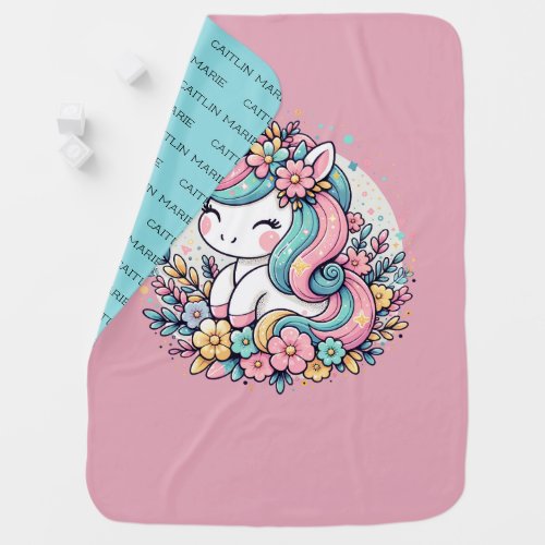 Pink and Blue Unicorn and Flowers Personalized Baby Blanket