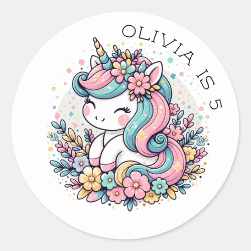 Pink and Blue Unicorn and Flowers Personalized Classic Round Sticker