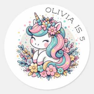 Pink and Blue Unicorn and Flowers Personalized Classic Round Sticker