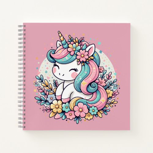 Pink and Blue Unicorn and Flowers Personalized Notebook