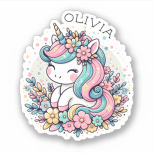 Pink and Blue Unicorn and Flowers Personalized Sticker