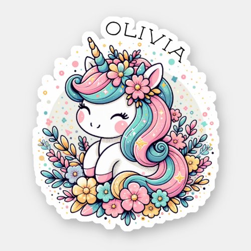 Pink and Blue Unicorn and Flowers Personalized Sticker