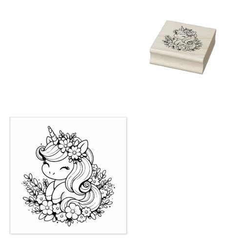 Pink and Blue Unicorn and Flowers Rubber Stamp