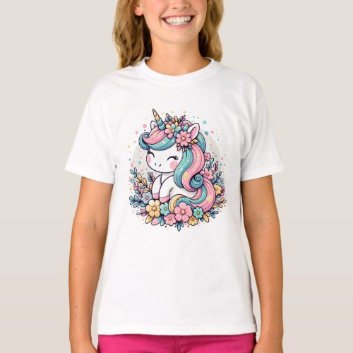Pink and Blue Unicorn and Flowers  T_Shirt