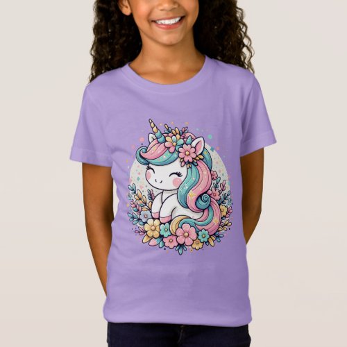 Pink and Blue Unicorn and Flowers  T_Shirt
