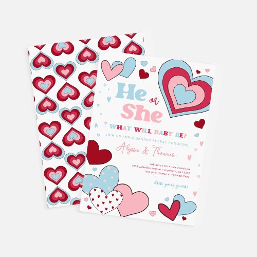 Pink and Blue Valentines Day Hearts Gender Reveal Invitation