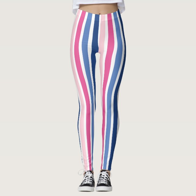 Pink and Blue Vertical Stripes Leggings (Front)