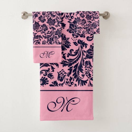 Pink and blue vintage damasks monogram bath tow bath towel set