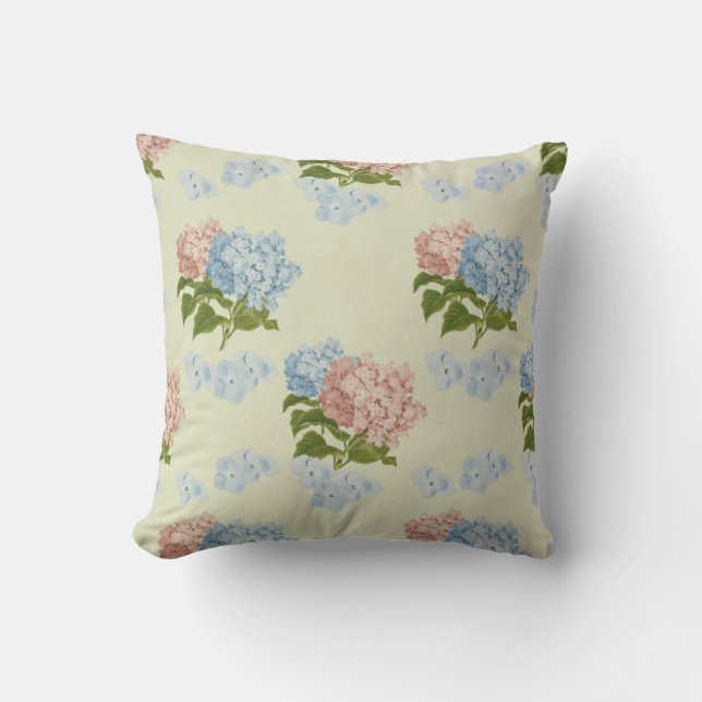 Pink and blue vintage hydrangea flowers throw pillow (Front)