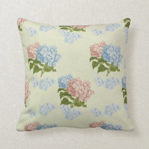 Pink and blue vintage hydrangea flowers throw pillow