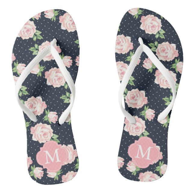 Pink and Blue Vintage Roses Monogrammed Flip Flops (Footbed)