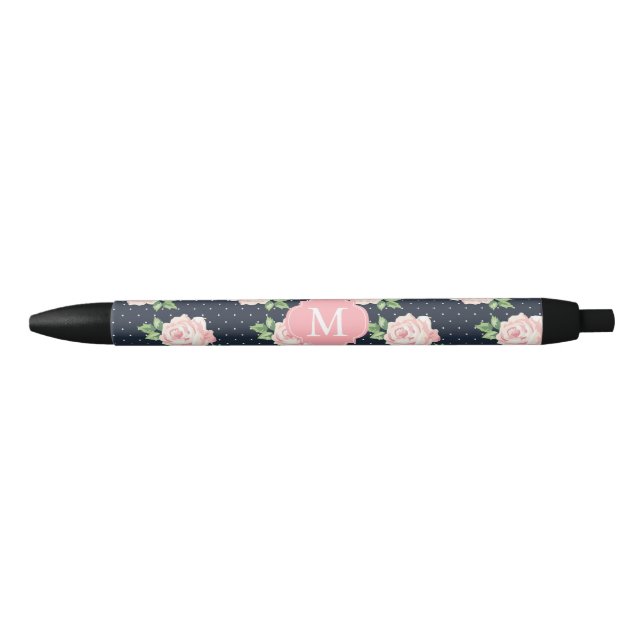 Pink and Blue Vintage Roses Pattern Monogrammed Pen (Front)
