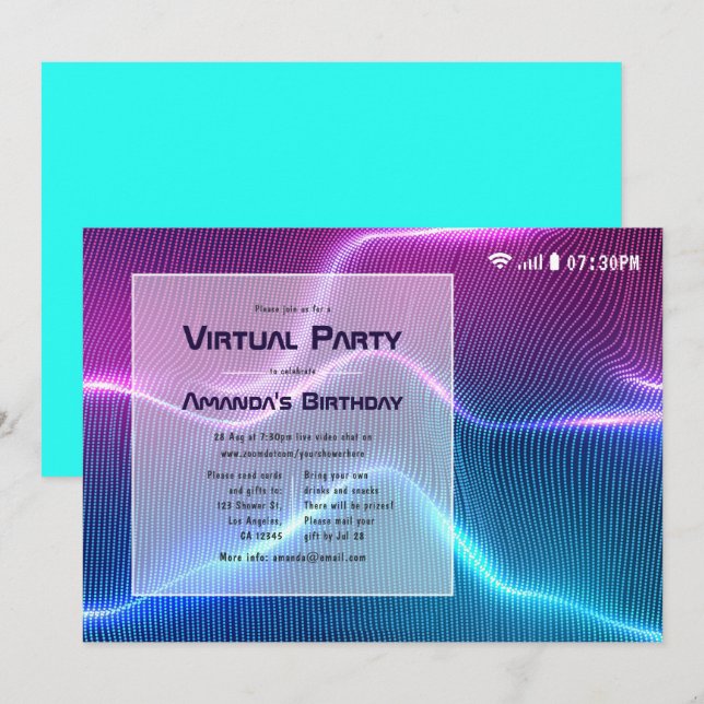 Pink and Blue Virtual Glow Birthday Party Invitation (Front/Back)