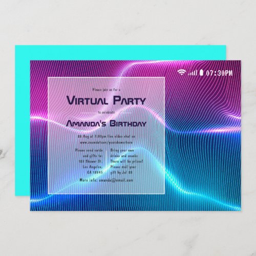 Pink and Blue Virtual Glow Birthday Party Invitation