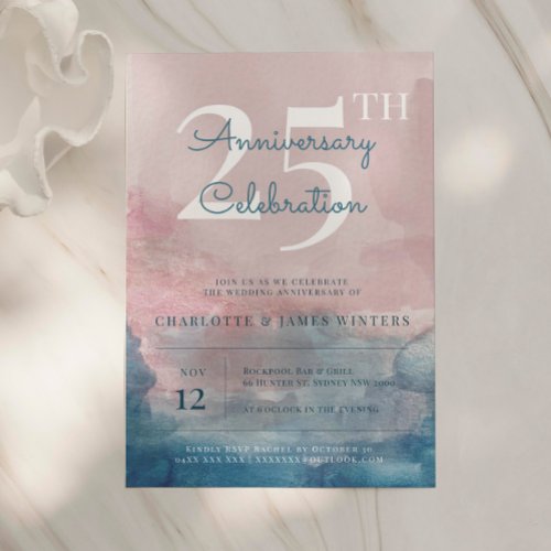 Pink and Blue watercolor 25th anniversary Invitation