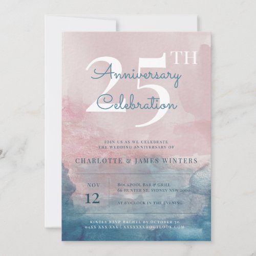 Pink and Blue watercolor 25th anniversary Invitation